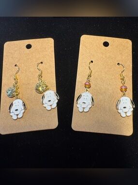 White Puppy Dangle Earrings with Gold Accents NEW